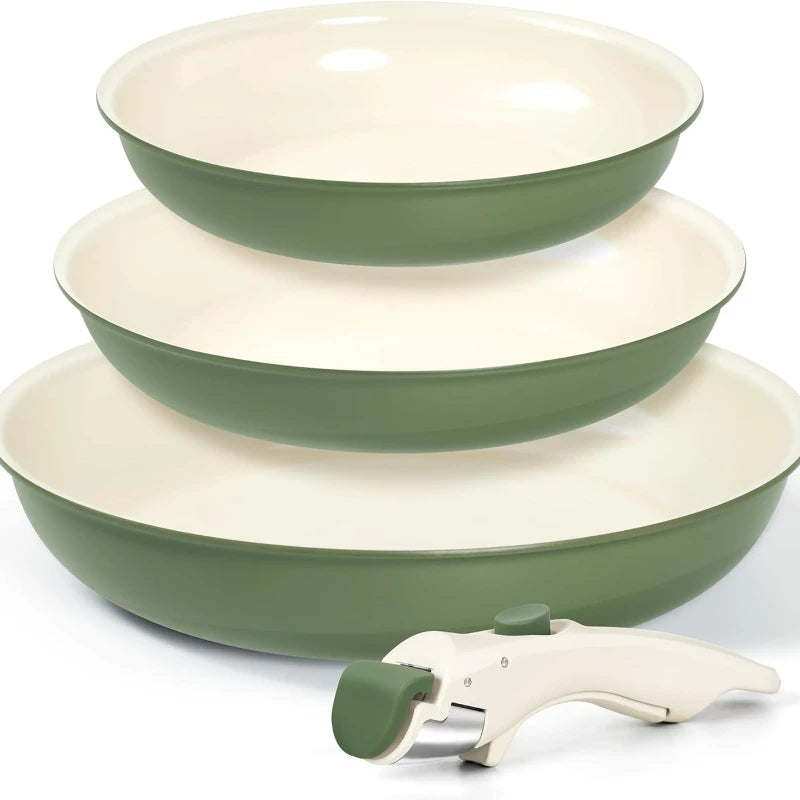 Ceramic Non-Stick Pan Set with Removable Handle | 3-Piece Frying Pan Set
