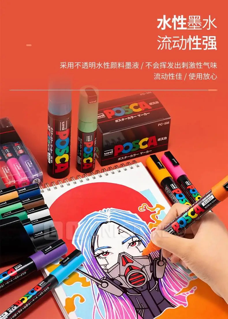 1/2pcs Uni Poscas Acrylic Markers PC-1M-3M-5M Permanente Waterproof Art Pens Graffiti Marker Advertising Poster Drawing Tools
