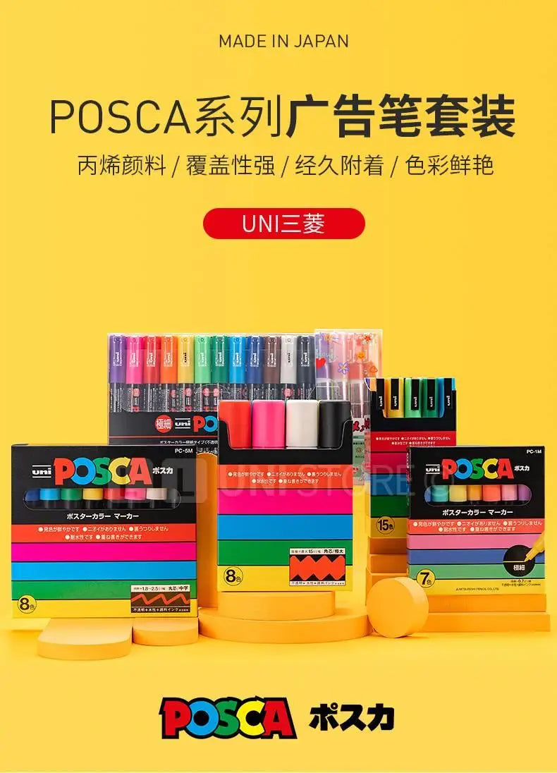 1/2pcs Uni Poscas Acrylic Markers PC-1M-3M-5M Permanente Waterproof Art Pens Graffiti Marker Advertising Poster Drawing Tools